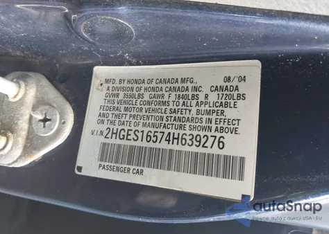 2004 Honda Civic Lx из США, поврежденный, VIN 2HGES16574H639276